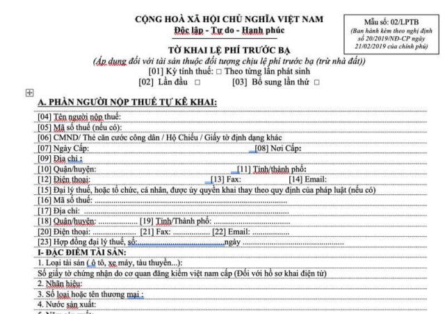 Hồ sơ nộp thuế trước bạ ô tô cũ