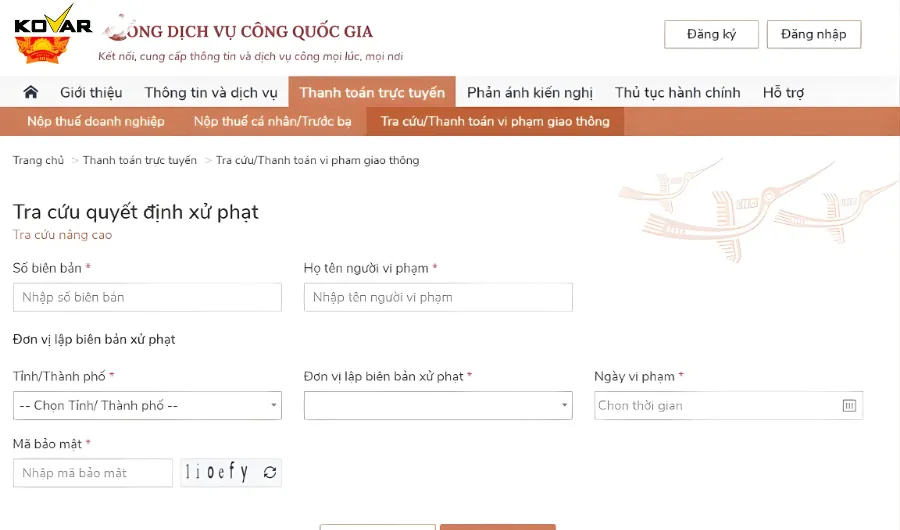 Tra cứu phạt nguội 2025 trên website Cổng Dịch vụ công quốc gia